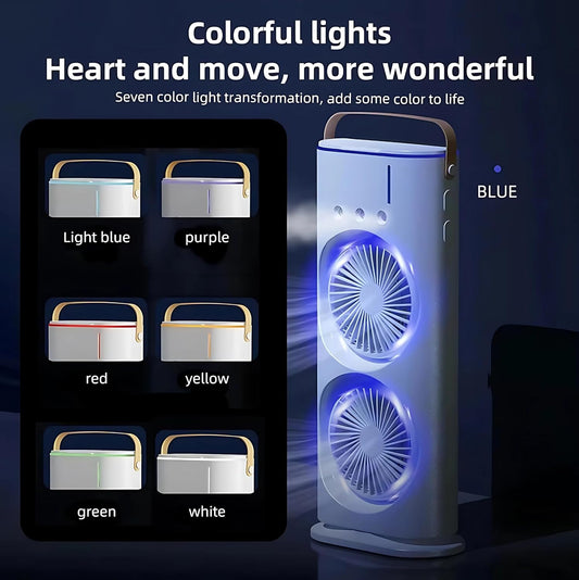 Dual Fan RGB Air Cooler – Portable Bladeless Mini AC with Aromatherapy & LED Mood Lights