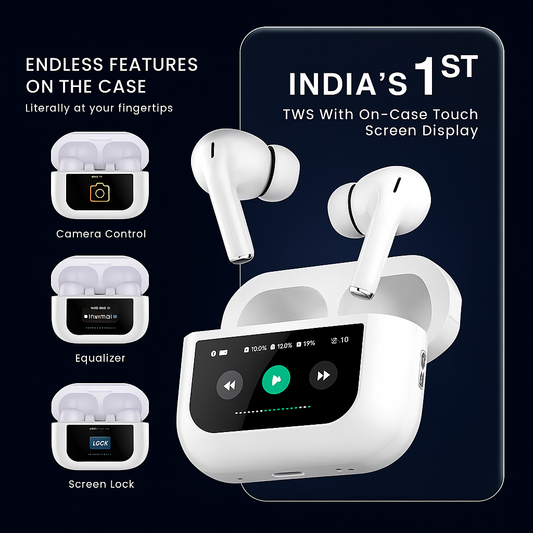 ScreenPods: TWS Bluetooth Earbuds with Touch Screen Case, 32dB ANC + ENC, Low Latency Gaming & Type-C Fast Charging