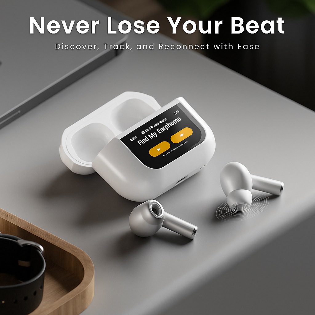 ScreenPods: TWS Bluetooth Earbuds with Touch Screen Case, 32dB ANC + ENC, Low Latency Gaming & Type-C Fast Charging