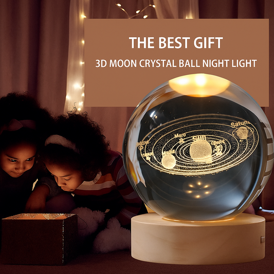 Orbito: 3D Crystal Ball Night Lamp with Engraved Solar System, USB-Powered LED Light with Wooden Base for Home Décor (60mm)