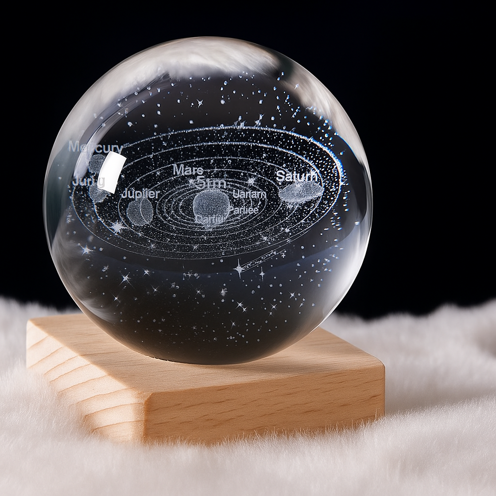 Orbito: 3D Crystal Ball Night Lamp with Engraved Solar System, USB-Powered LED Light with Wooden Base for Home Décor (60mm)