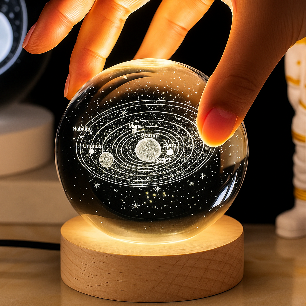 Orbito: 3D Crystal Ball Night Lamp with Engraved Solar System, USB-Powered LED Light with Wooden Base for Home Décor (60mm)