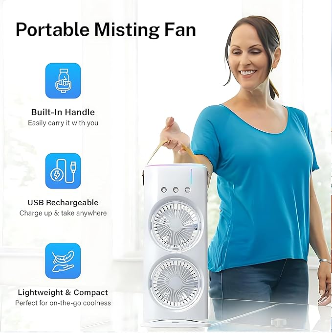 Dual Fan RGB Air Cooler – Portable Bladeless Mini AC with Aromatherapy & LED Mood Lights