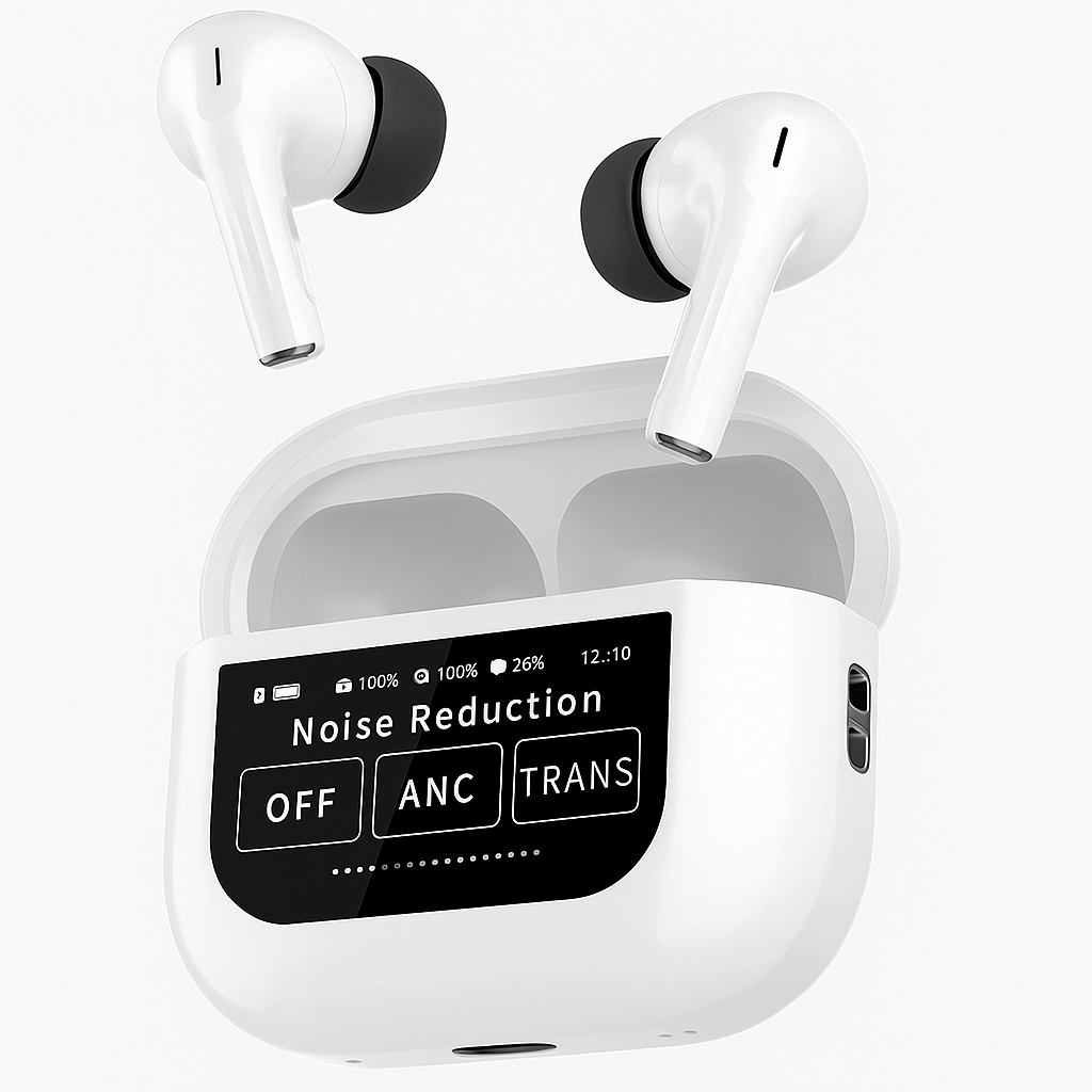 ScreenPods: TWS Bluetooth Earbuds with Touch Screen Case, 32dB ANC + ENC, Low Latency Gaming & Type-C Fast Charging