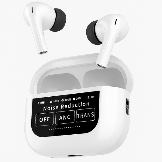 ScreenPods: TWS Bluetooth Earbuds with Touch Screen Case, 32dB ANC + ENC, Low Latency Gaming & Type-C Fast Charging