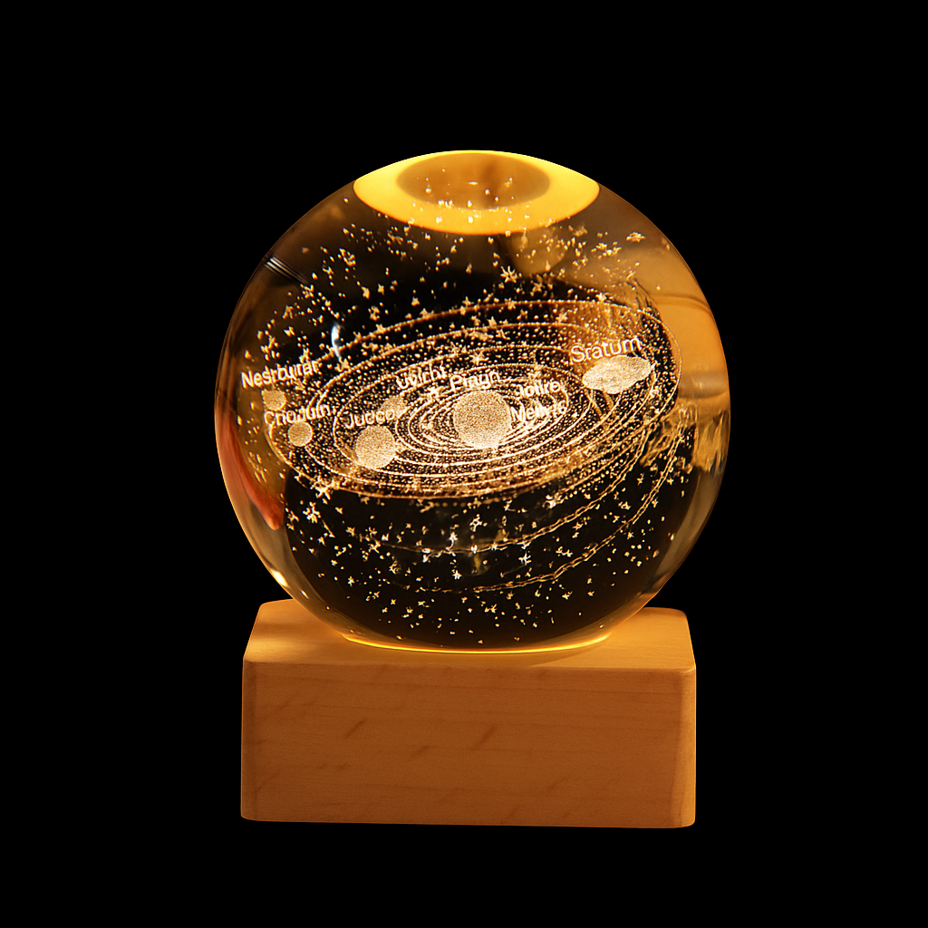 Orbito: 3D Crystal Ball Night Lamp with Engraved Solar System, USB-Powered LED Light with Wooden Base for Home Décor (60mm)