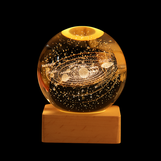 Orbito: 3D Crystal Ball Night Lamp with Engraved Solar System, USB-Powered LED Light with Wooden Base for Home Décor (60mm)