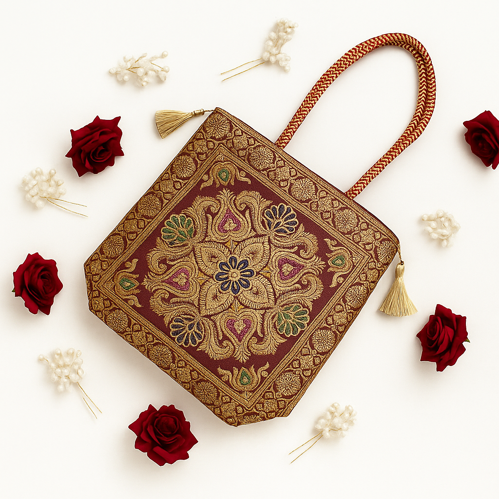 Traditional Embroidered Ethnic Handbag for Women | Stylish Golden Zari Work Potli Style Shoulder Bag for Wedding & Festive Use Traditional Womens Handbag