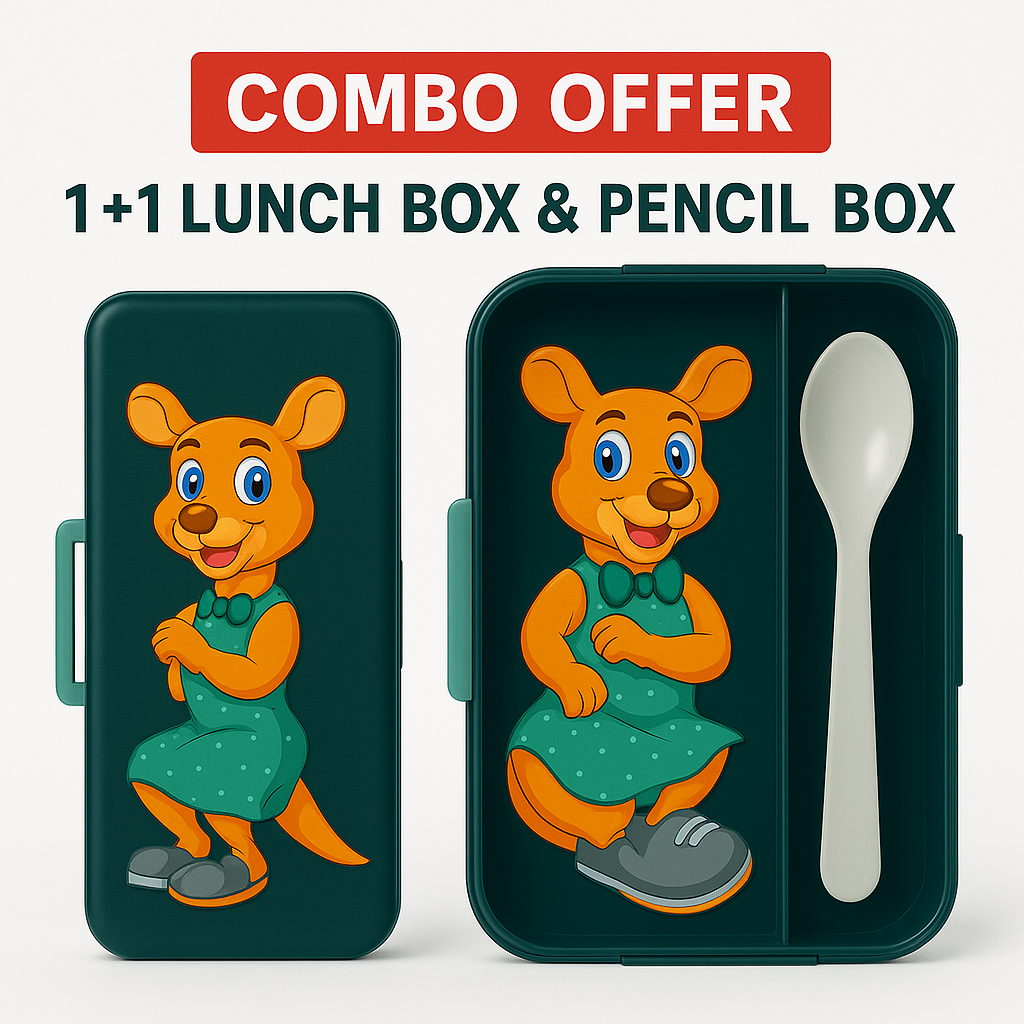 Kids Cartoon Kangaroo Printed Lunch Box & Pencil Box Combo | BPA-Free Tiffin with Spoon | School Gift Set – Green