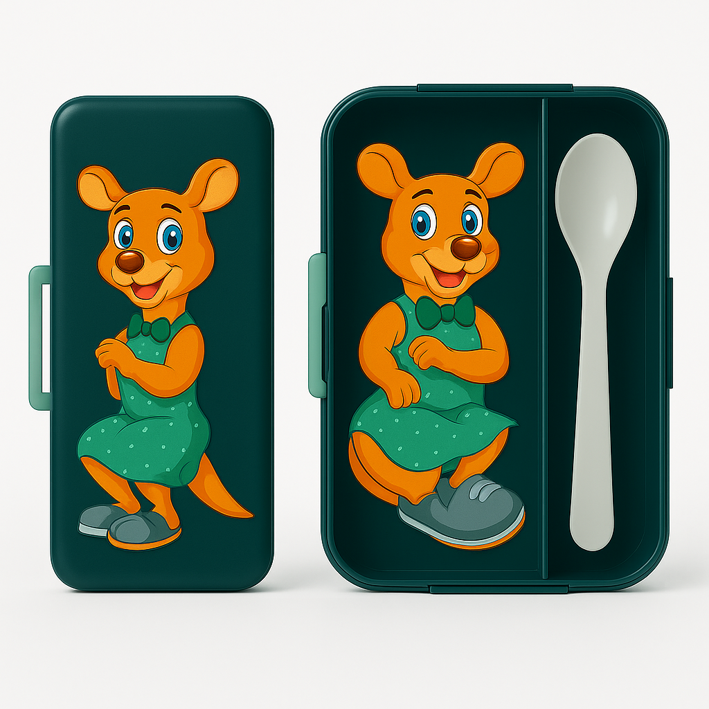 Kids Cartoon Kangaroo Printed Lunch Box & Pencil Box Combo | BPA-Free Tiffin with Spoon | School Gift Set – Green