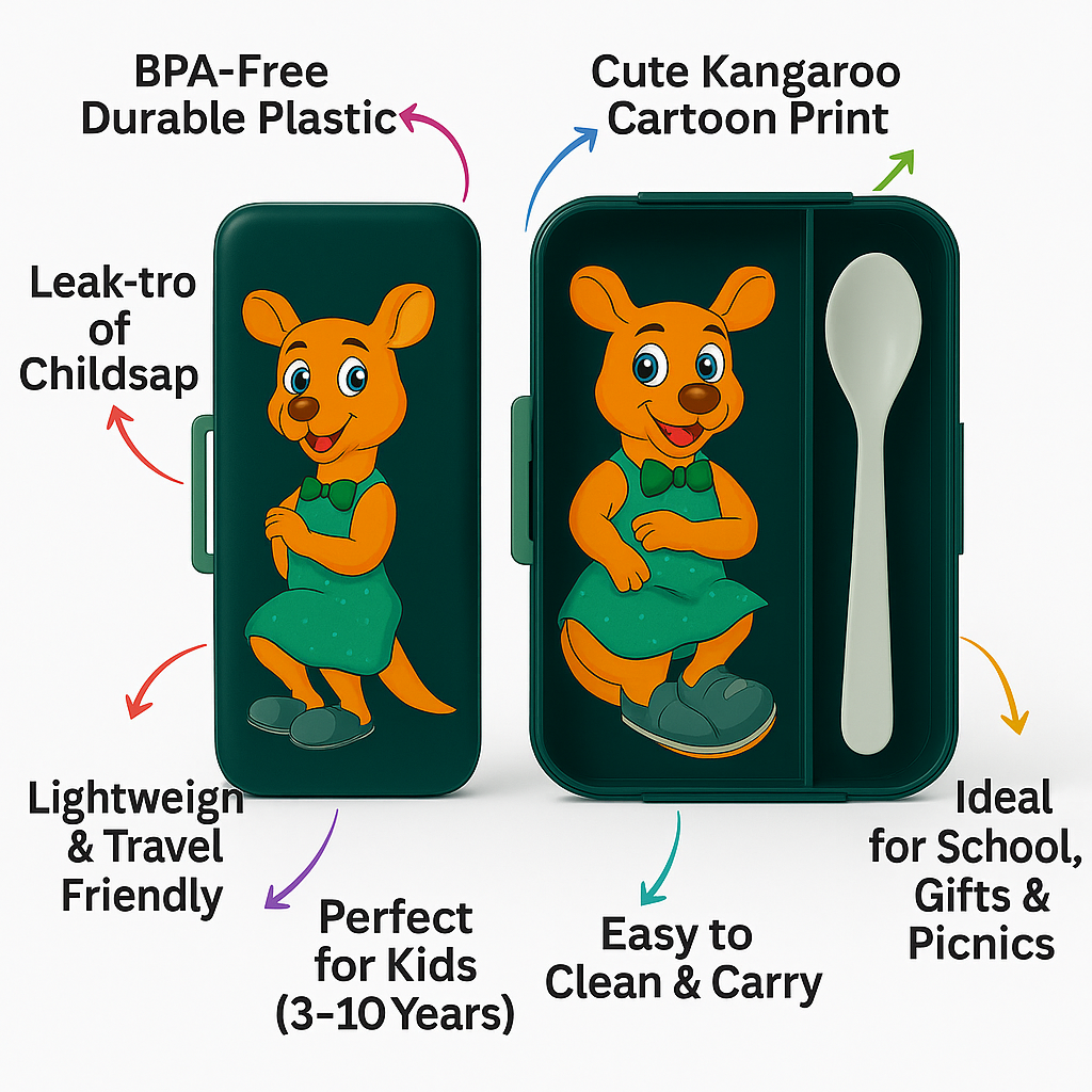 Kids Cartoon Kangaroo Printed Lunch Box & Pencil Box Combo | BPA-Free Tiffin with Spoon | School Gift Set – Green