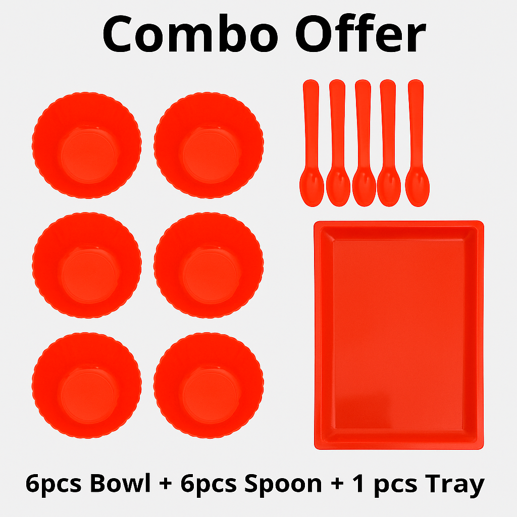 Plastic Kitchen Combo Set – 6 Plastic Bowls + 6 Spoons + 1 Tray | Durable & Lightweight | Ideal for Home Use