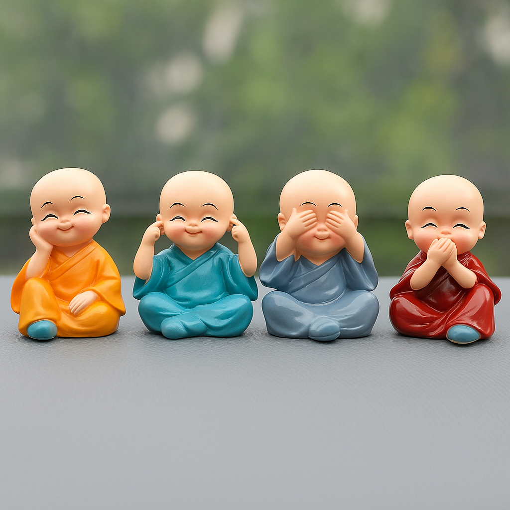 "Set of 4 Cute Baby Monk Showpiece | Hear No Evil, Speak No Evil Statues for Home Décor & Car Dashboard"