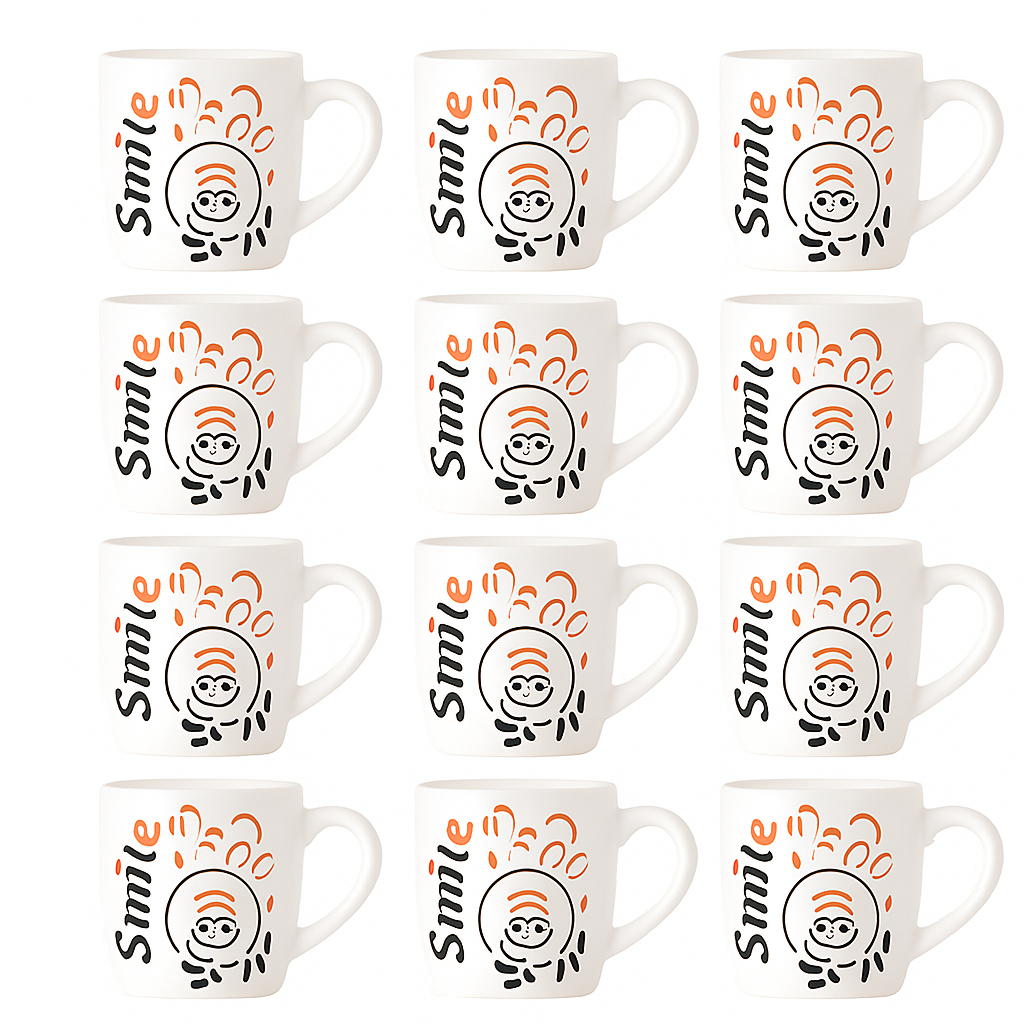 Smile Printed Mug Set of 12 – Budget-Friendly Ceramic Tea/Coffee Cups for Daily Use