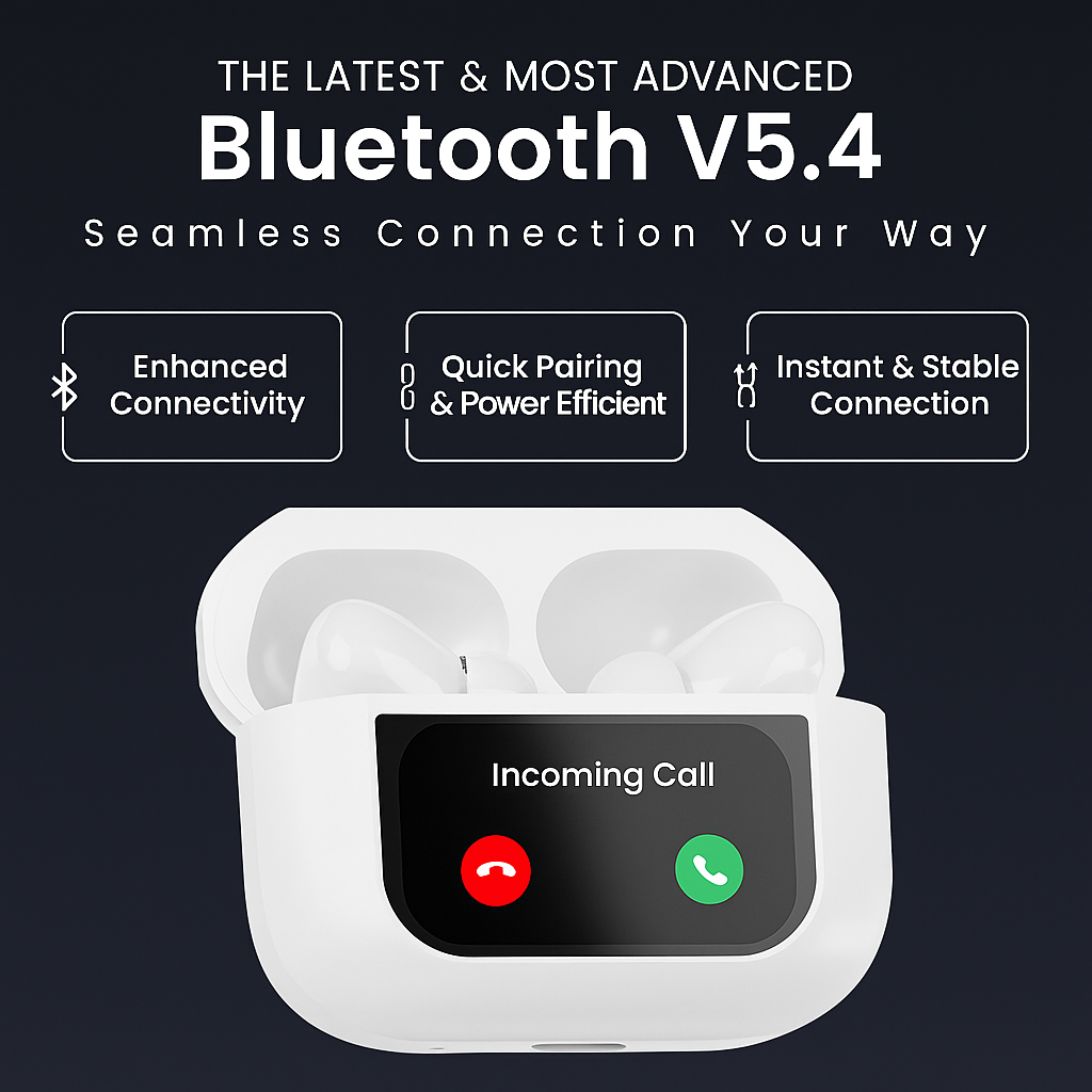 ScreenPods: TWS Bluetooth Earbuds with Touch Screen Case, 32dB ANC + ENC, Low Latency Gaming & Type-C Fast Charging