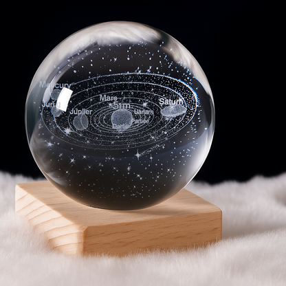Orbito: 3D Crystal Ball Night Lamp with Engraved Solar System, USB-Powered LED Light with Wooden Base for Home Décor (60mm)
