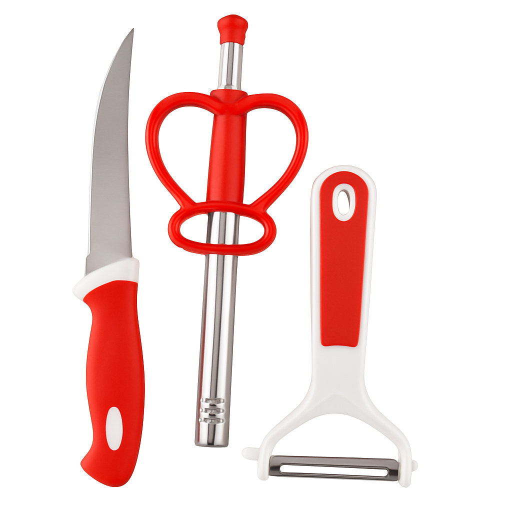 3-in-1 Red & White Stainless Steel Kitchen Tool Set – Knife, Peeler & Gas Lighter Combo