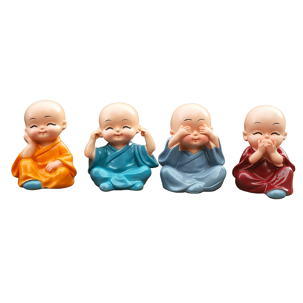 "Set of 4 Cute Baby Monk Showpiece | Hear No Evil, Speak No Evil Statues for Home Décor & Car Dashboard"