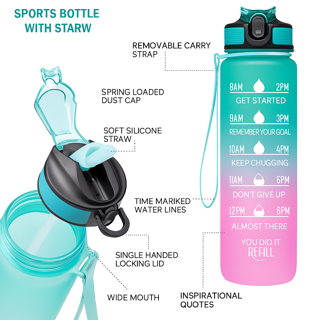 Motivational Water Bottle – 1 Litre BPA-Free with Time Marker (Leakproof & Stylish)