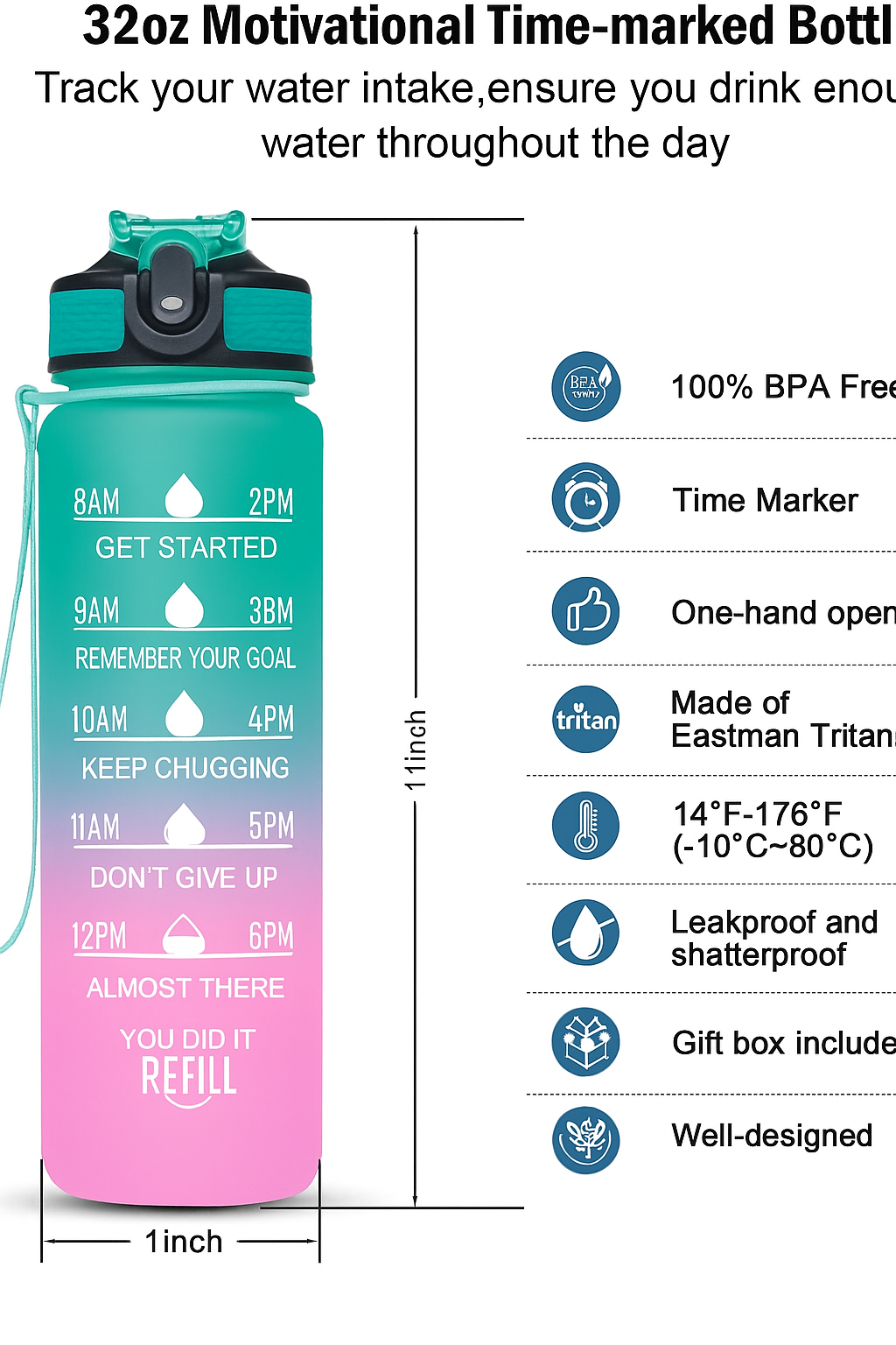 Motivational Water Bottle – 1 Litre BPA-Free with Time Marker (Leakproof & Stylish)