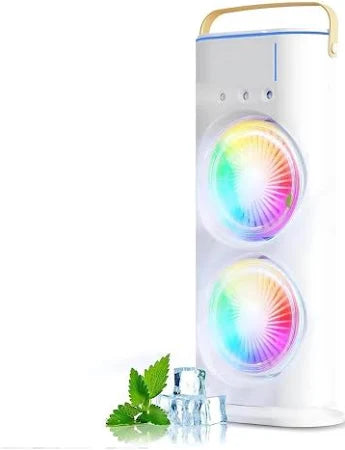 Dual Fan RGB Air Cooler – Portable Bladeless Mini AC with Aromatherapy & LED Mood Lights
